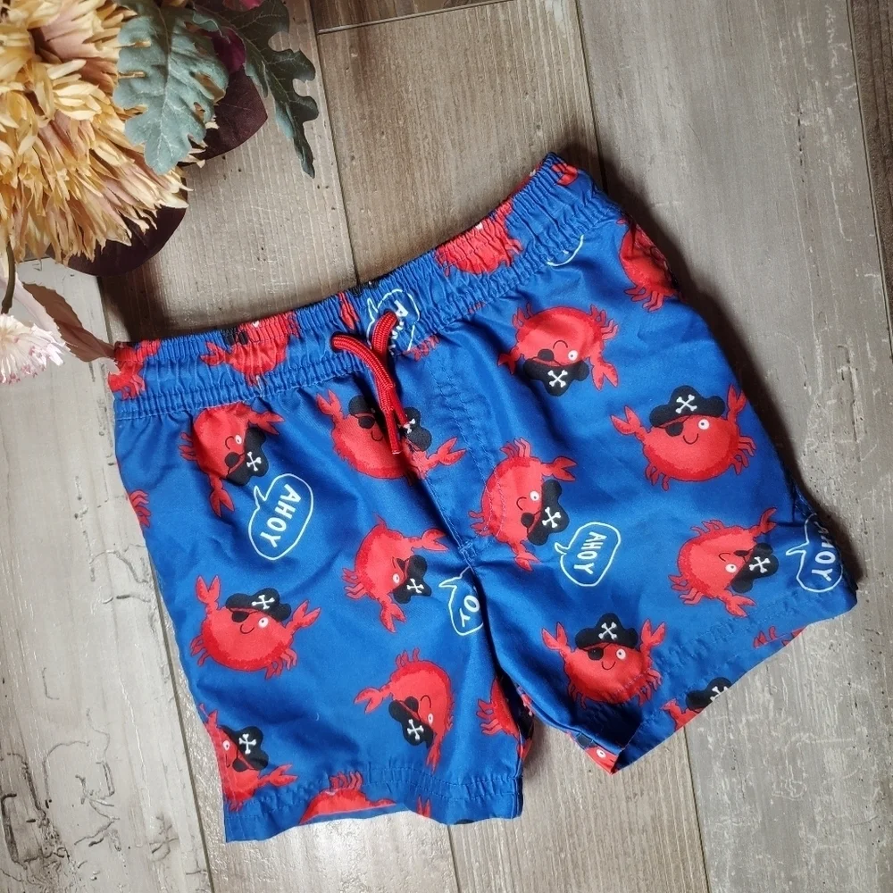 Carter's Toddler Boy Size 2T Blue Red AHOY MATEY Pirate Crab Swim Trunks NWOT